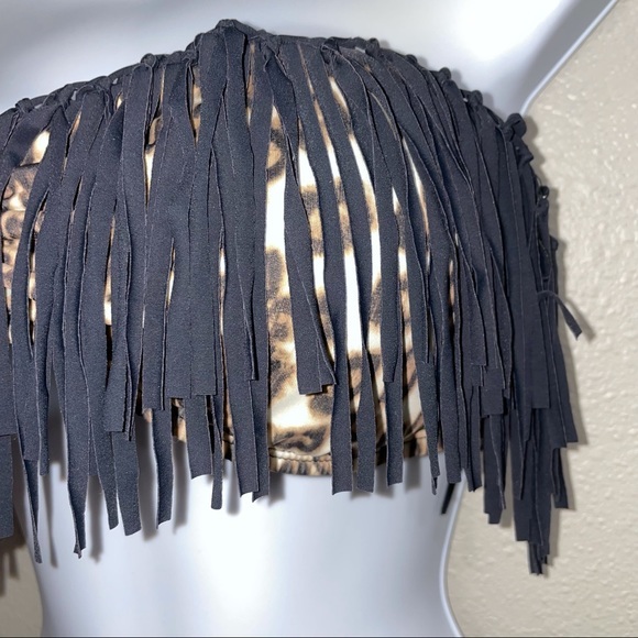 Guess Leopard Bandeau Bikini Top Only with Black Fringe Size Large - Picture 2 of 9